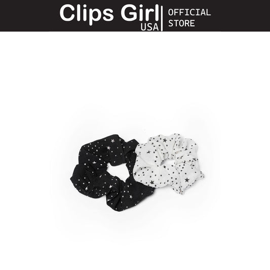 Mother & Daughter Scrunchies 2pcs (White with Black Hearts & Stars, Black with White Dots)