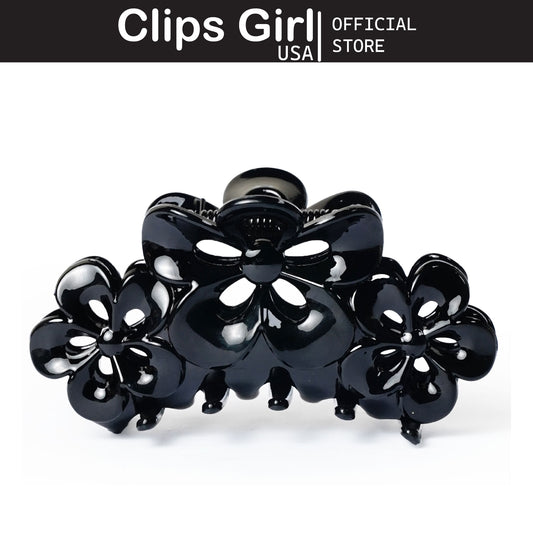 Glossy Black Floral Jaw Clip